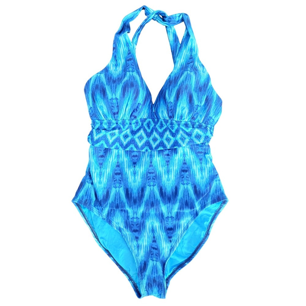 La Blanca Blue Ikat Geometric Halter One Piece Swimsuit Size 10 RN 52419